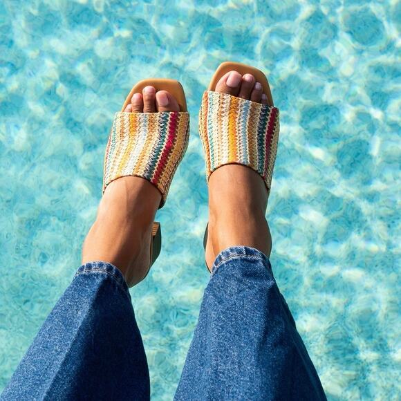 Seychelles Adapt Raffia Sandal Size 9 Natural Multi Color Slip On Stacked Heels - Picture 1 of 14